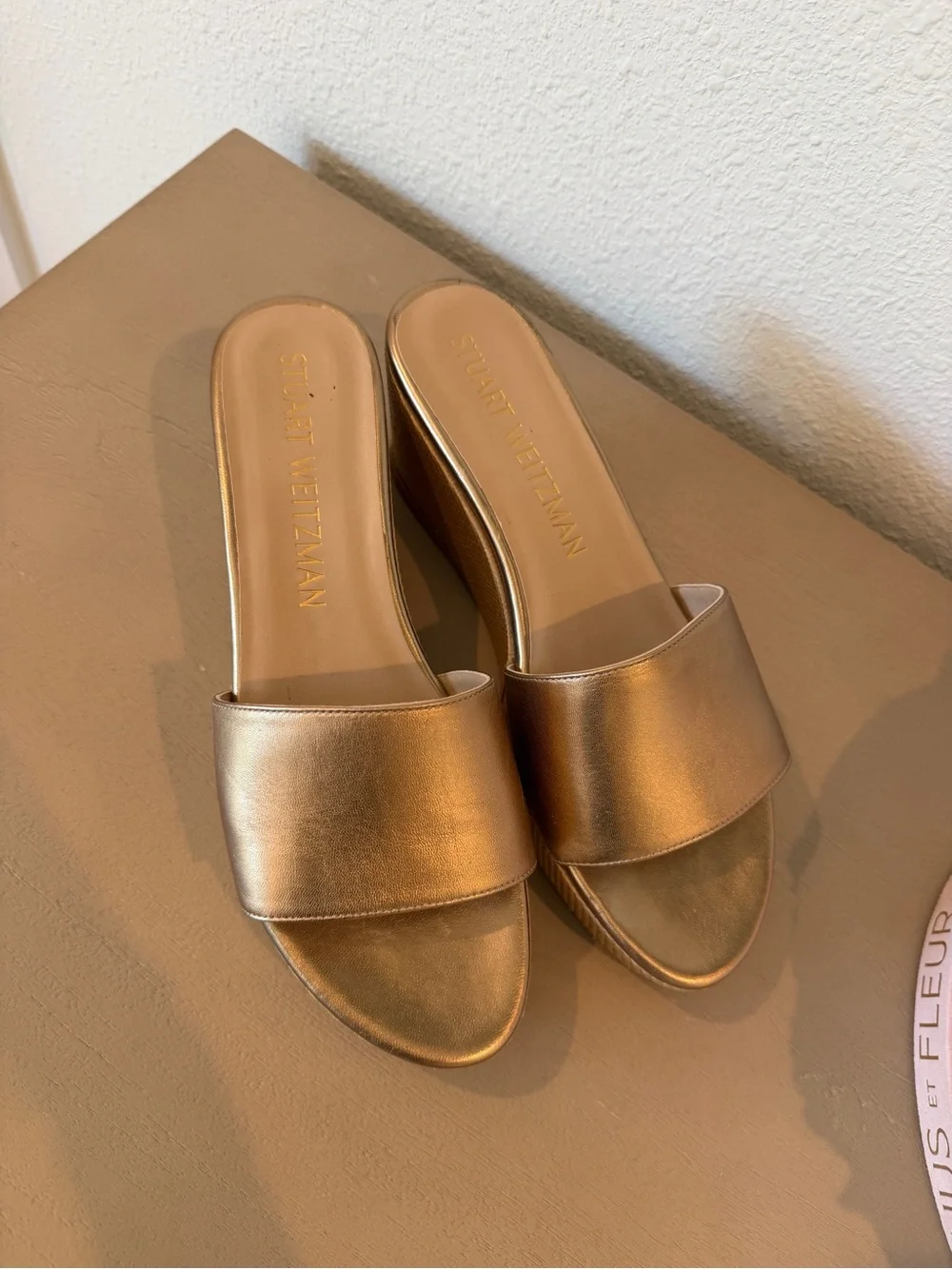 Stuart Weitzman Gold Wedge Slide Sandals - Picture 2 of 6